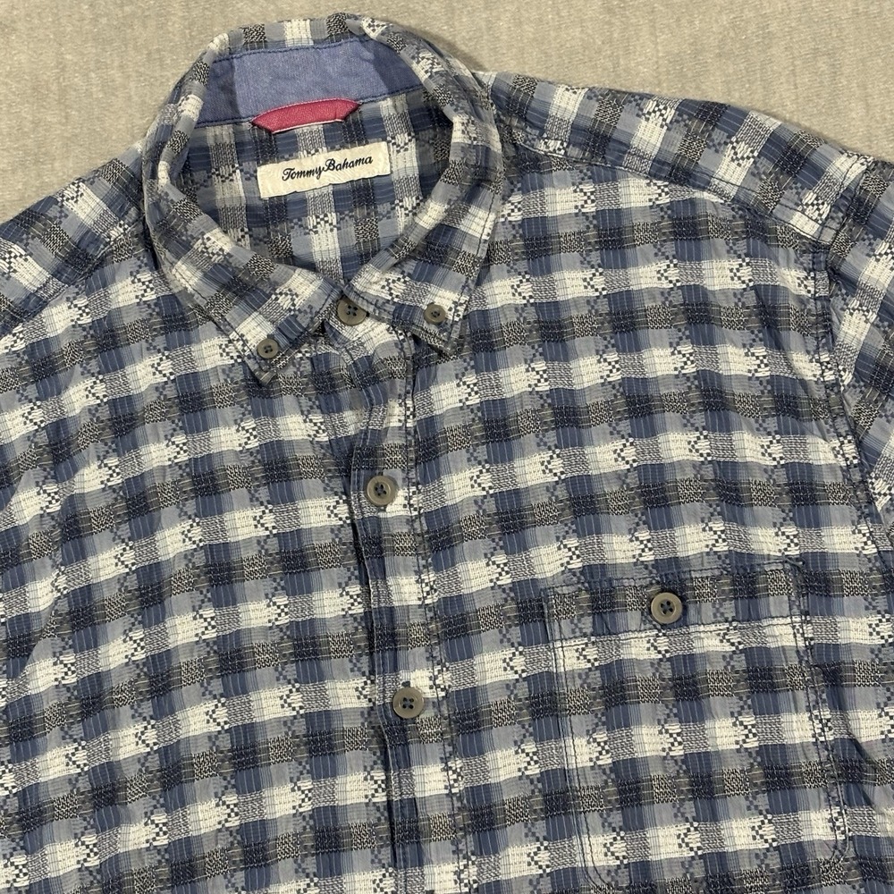 Tommy Bahama La Veleta Check Camp Shirt Mens Large Tencel Blend Button Down Blue